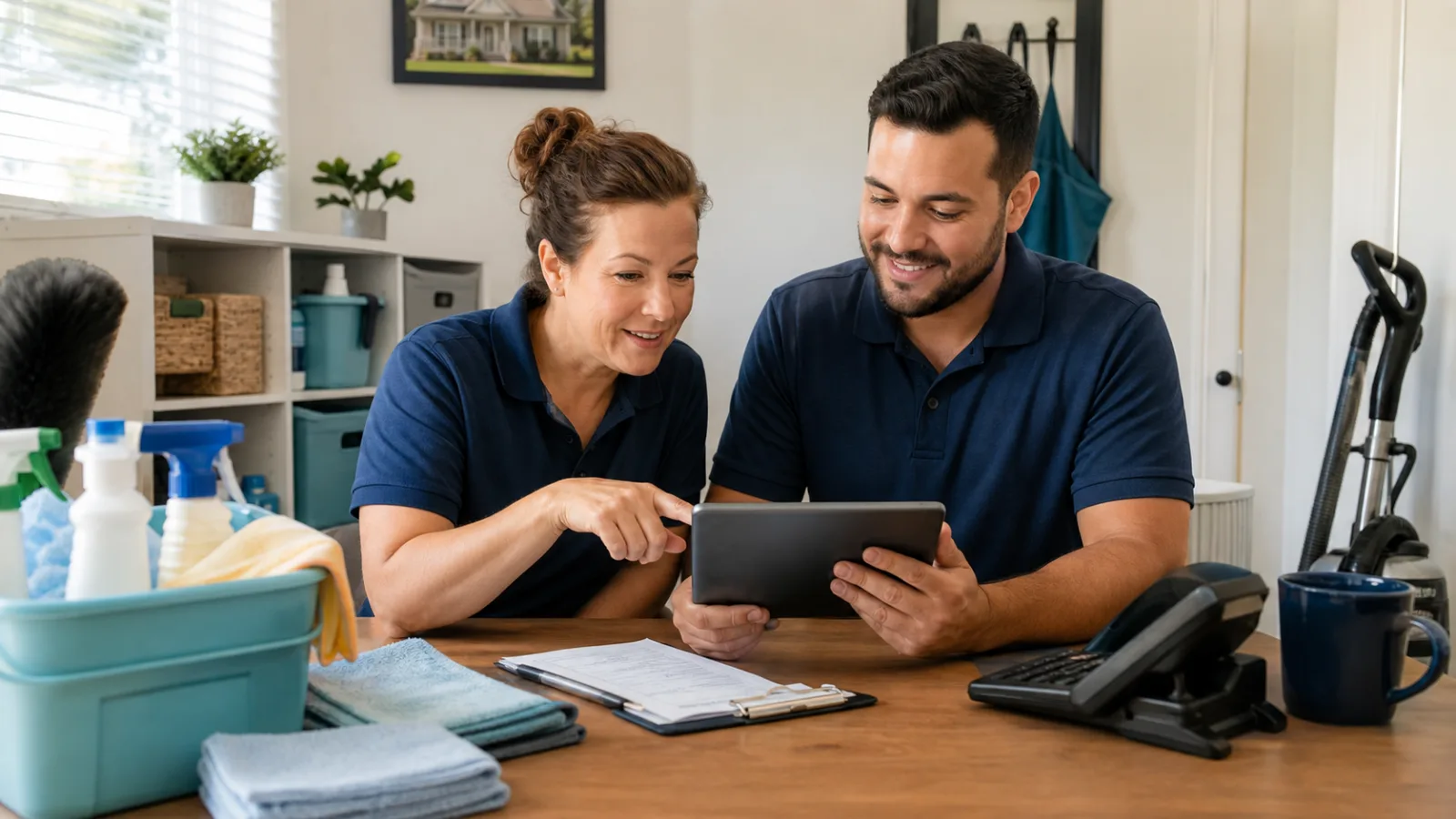 Cleaning business owner and operations coordinator reviewing customer requests and the daily job schedule together