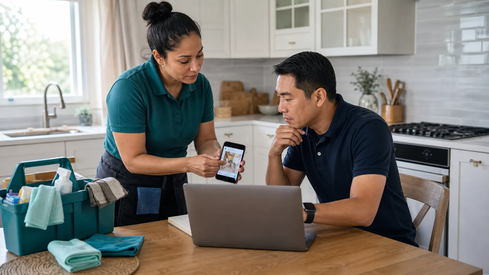 Cleaning crew lead showing completion photos while an operations manager reviews the matching job record before follow-up