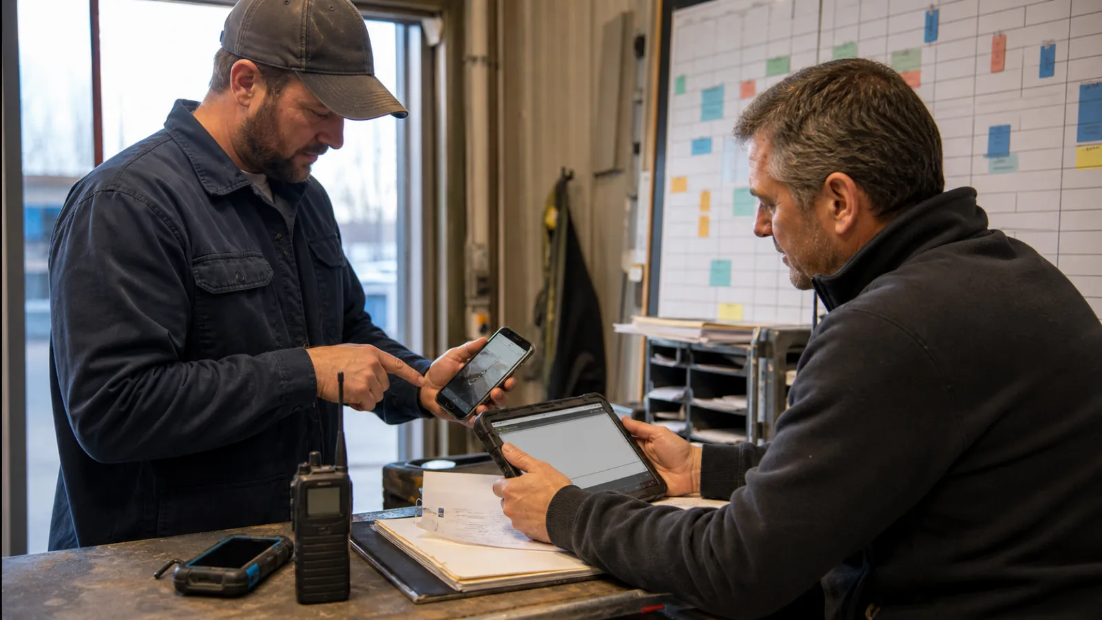 Field technician showing a jobsite photo while a dispatcher reviews the matching job record before approval