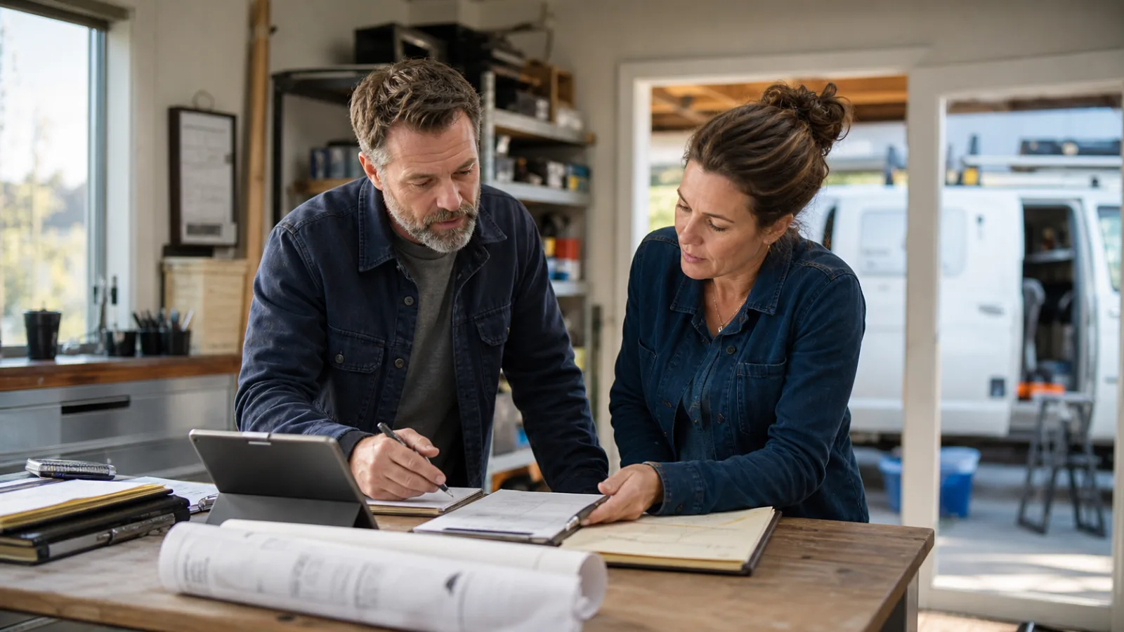 Contractor owner and operations coordinator reviewing job schedules and estimate notes in a workshop office