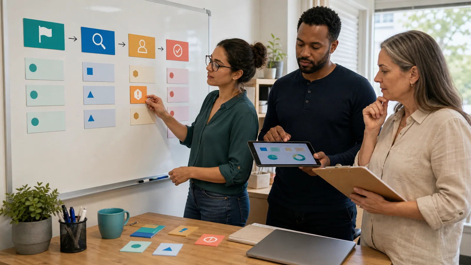 Three small-business team members reviewing pilot stages, performance metrics, and an exception routed for human approval