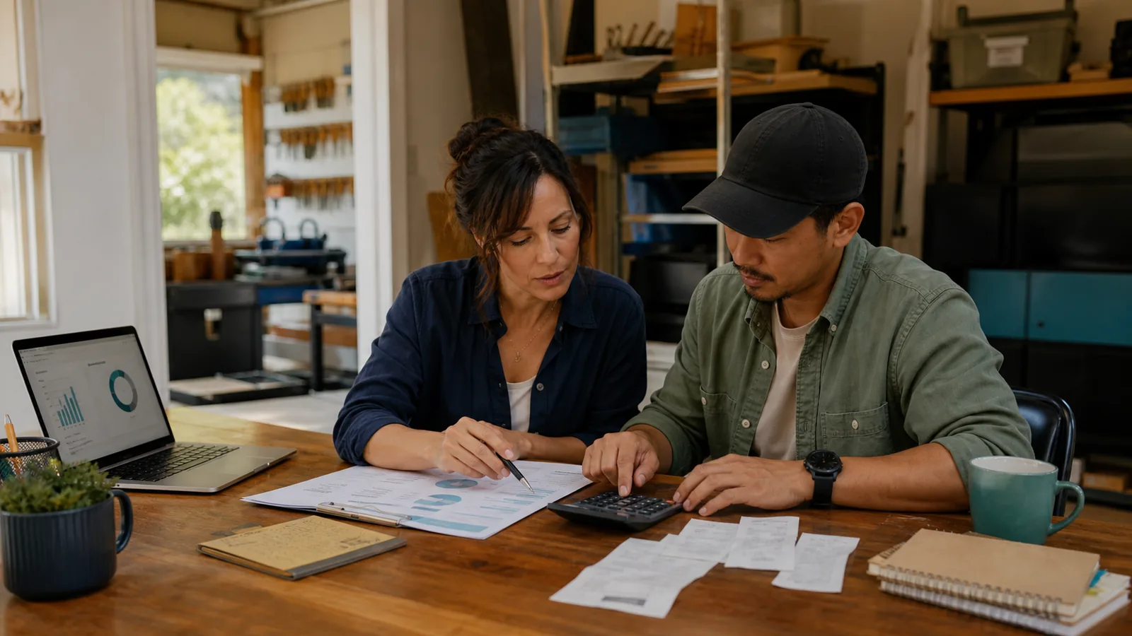 Small-business owner and operations manager comparing an AI automation budget with a calculator and cost worksheet