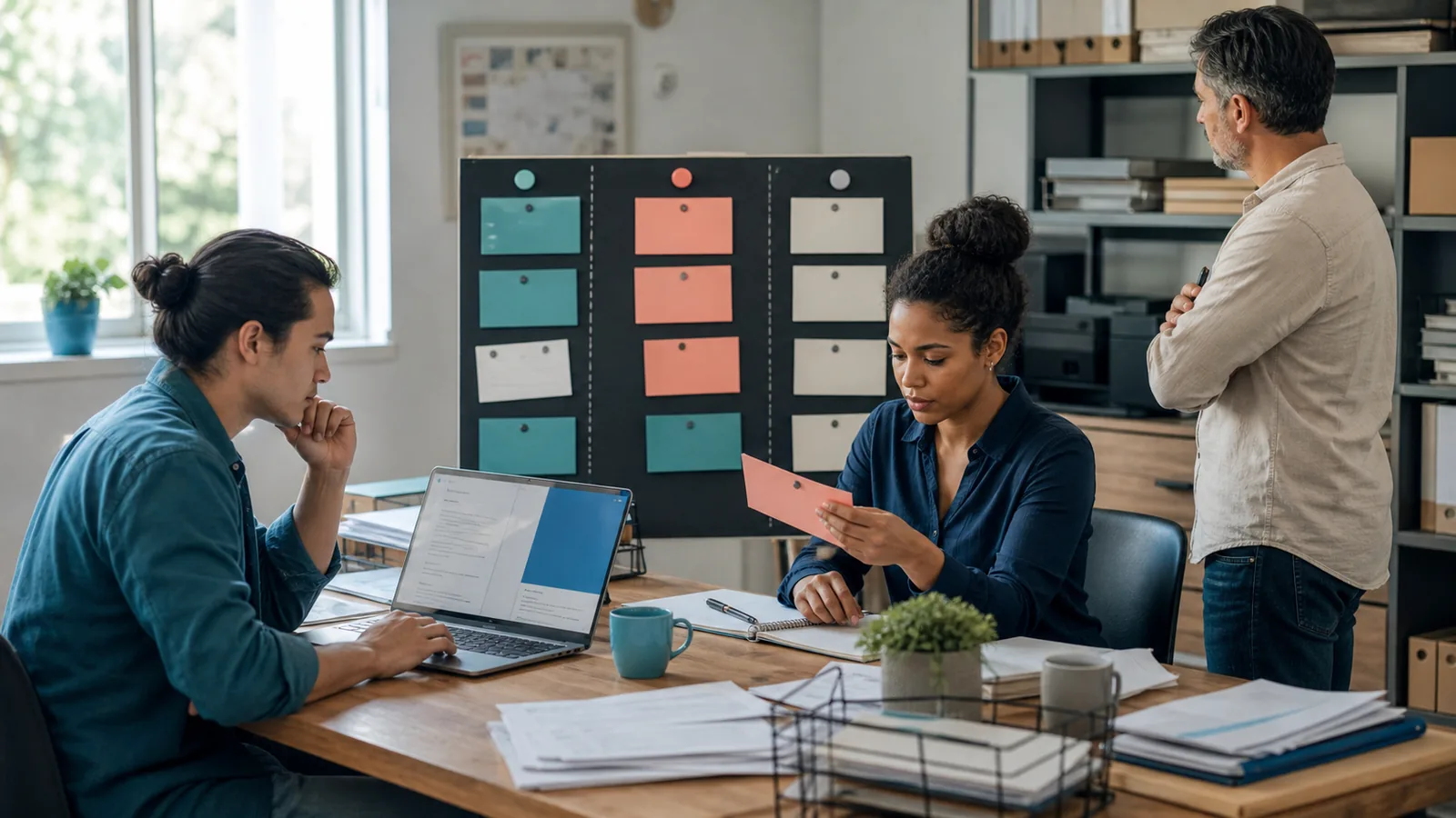 Small-business team testing an automation while a reviewer checks an exception before approval