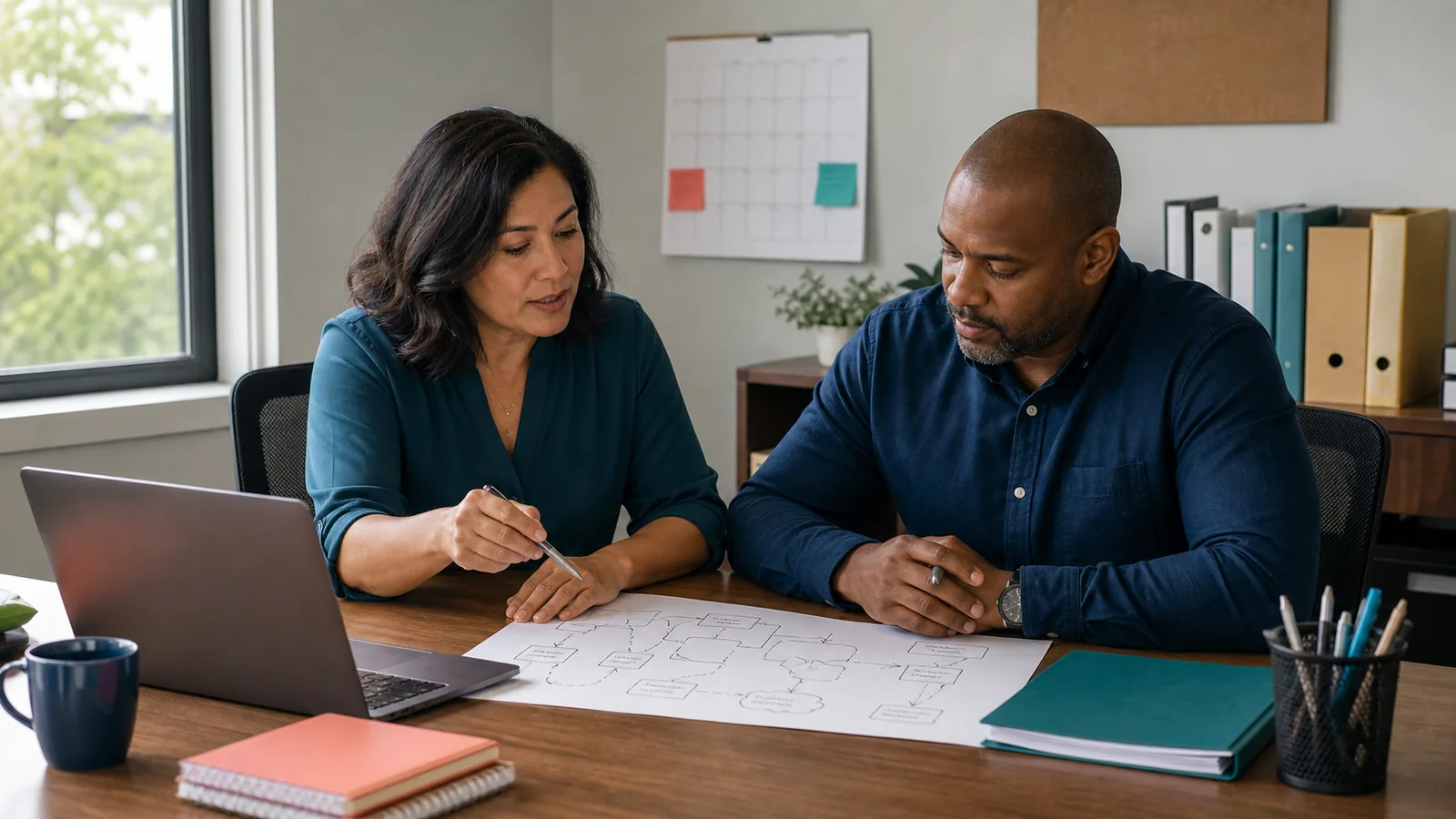 Small-business owner and operations lead comparing an AI tool trial with a consultant-led workflow plan