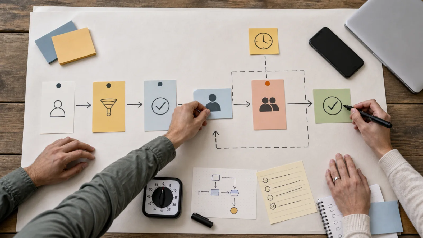 Hands mapping a lead follow-up workflow through eligibility, timing, human review, and a completed next step
