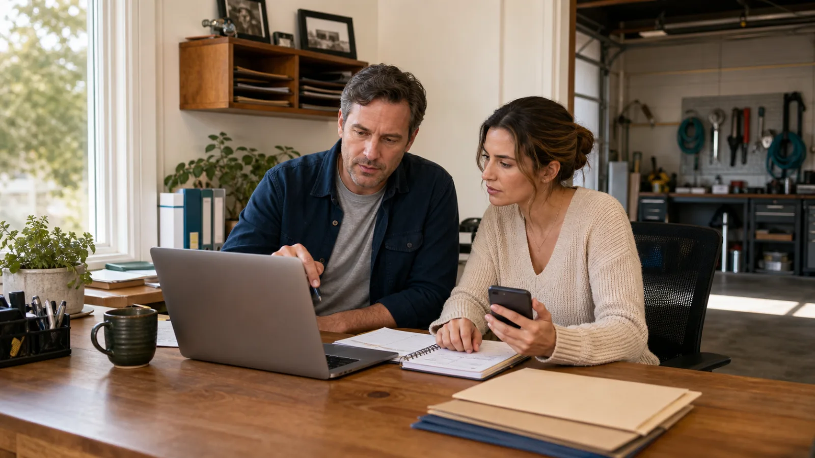 Small-business owner and sales coordinator reviewing lead follow-up tasks on a laptop and appointment book