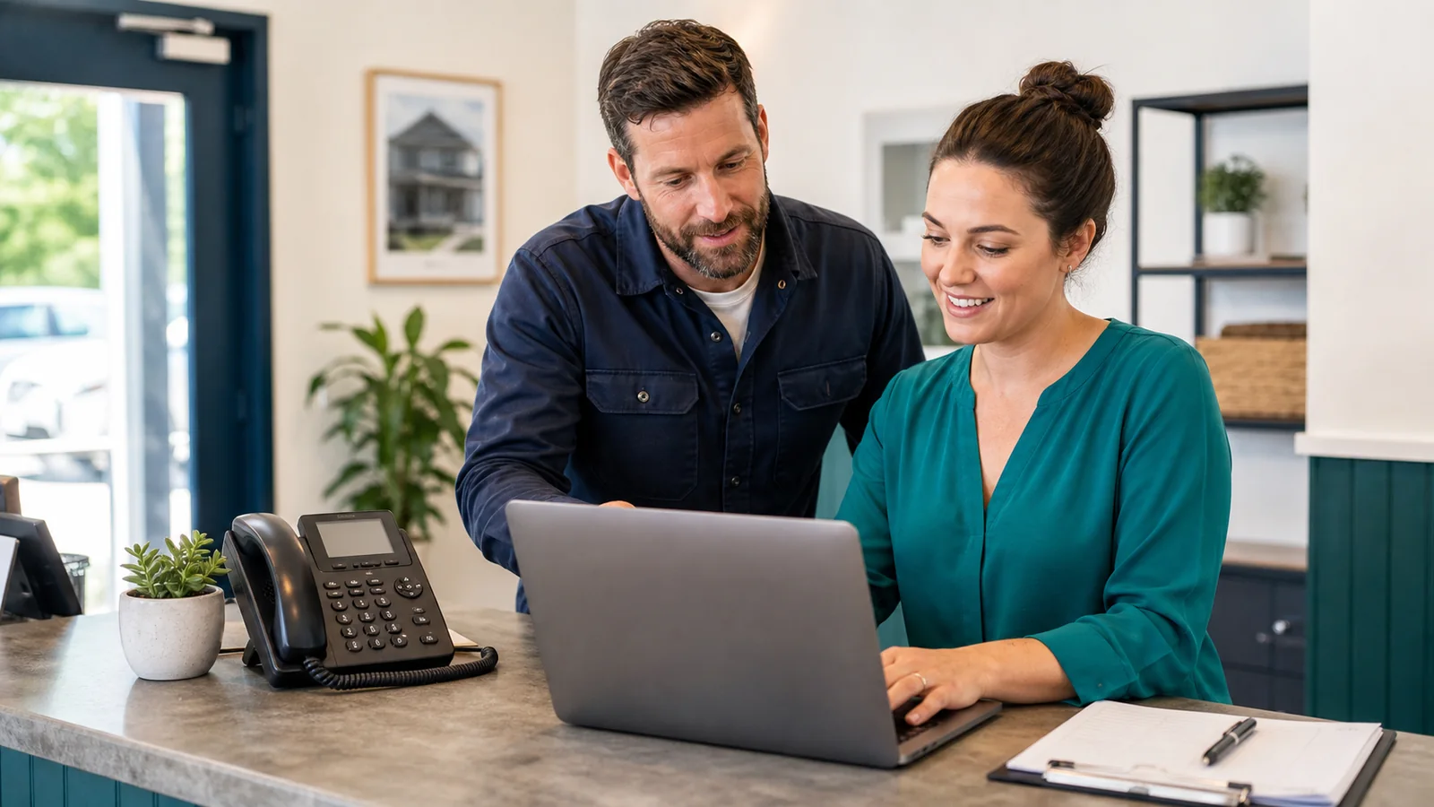 Small business owner and receptionist reviewing calls, appointments, and AI receptionist costs