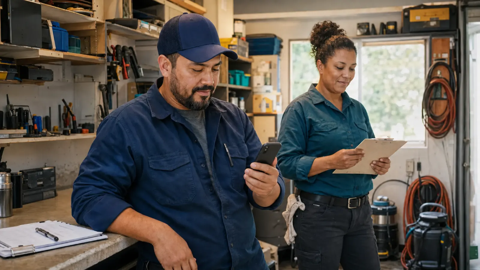 Two small-business service team members reviewing a missed call and callback schedule in a working shop