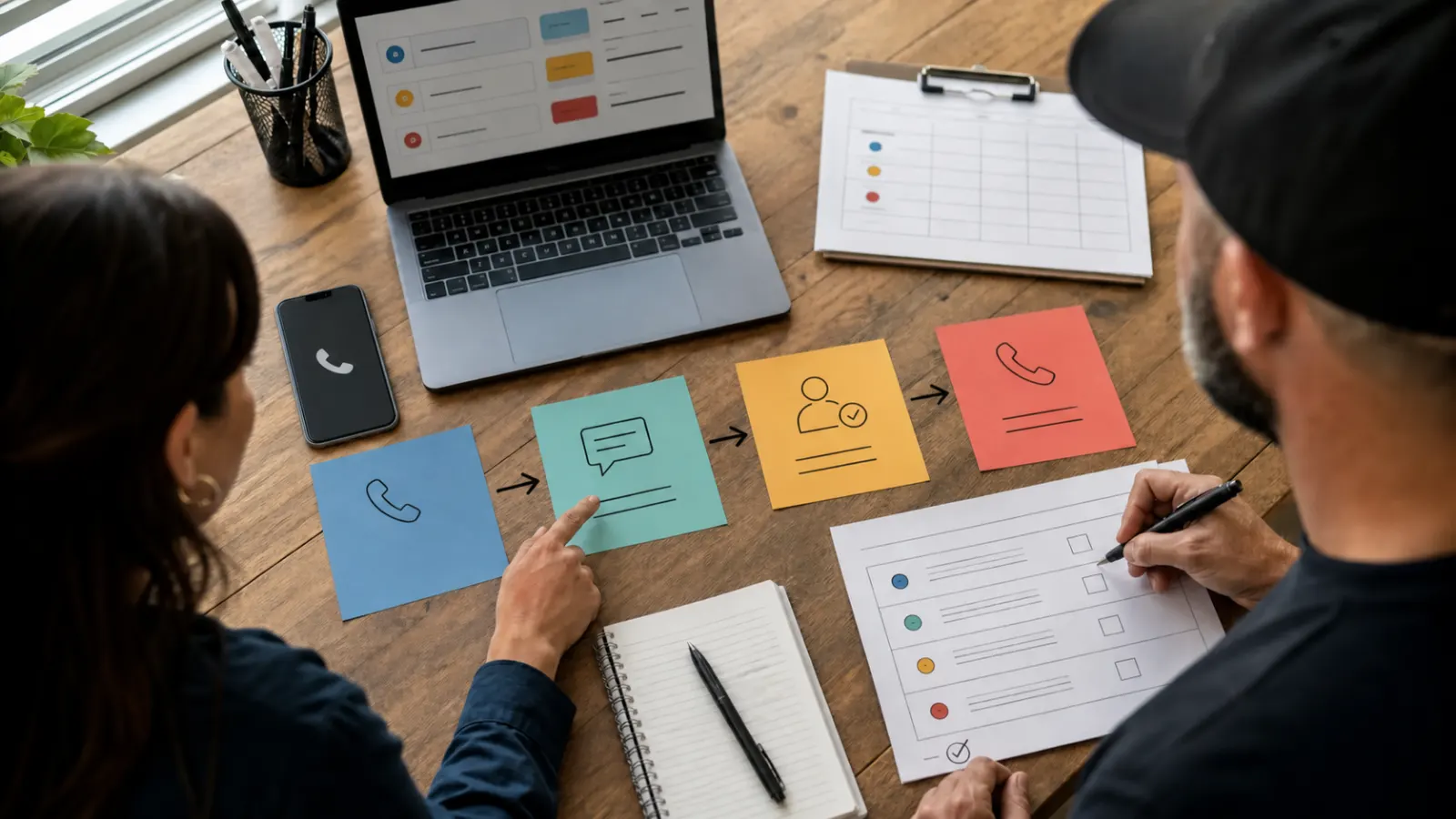Small-business team mapping a missed-call text-back workflow from phone alert through review and callback