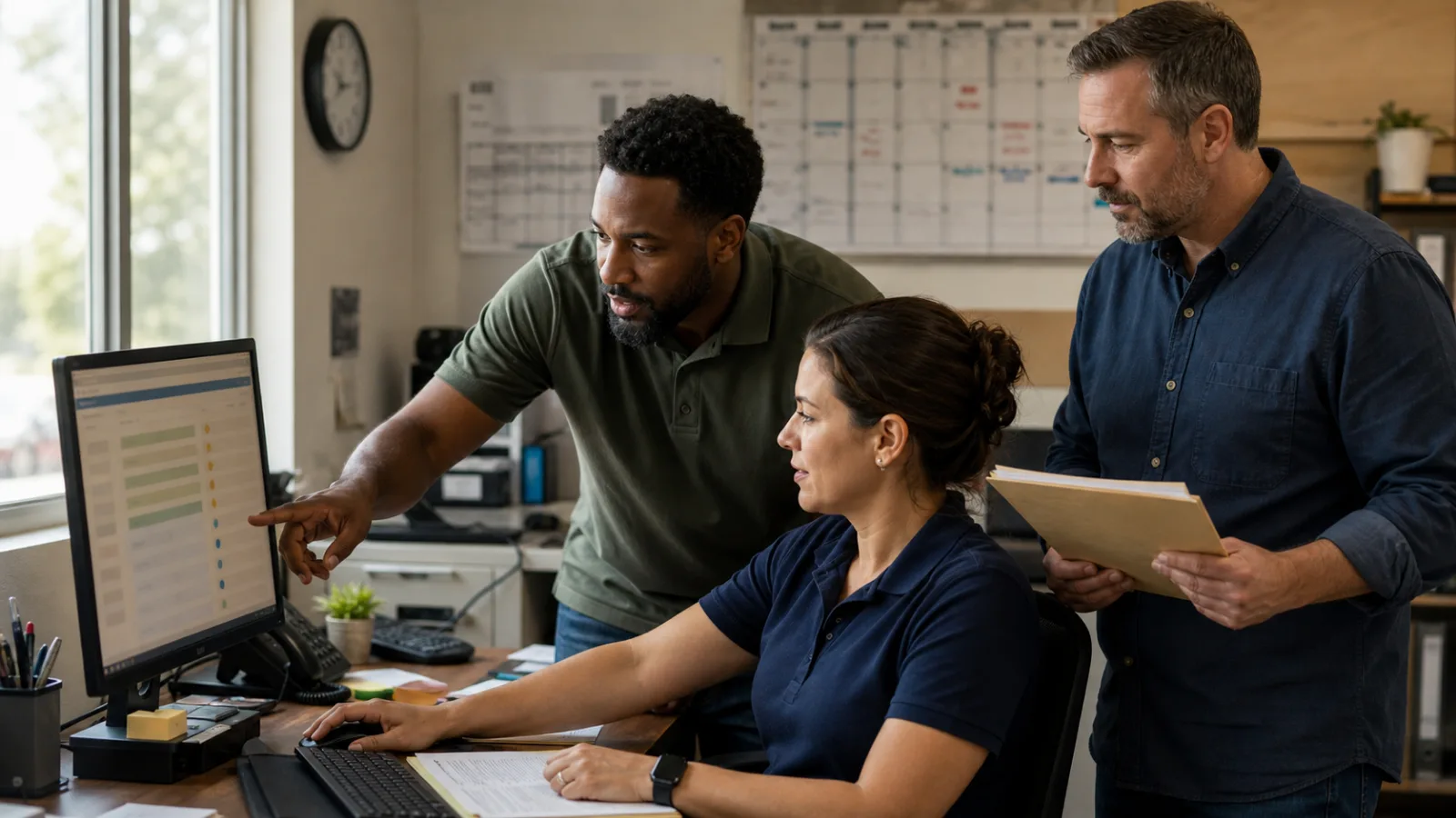Three small-business team members reviewing assignment and status rows in a shared customer inbox