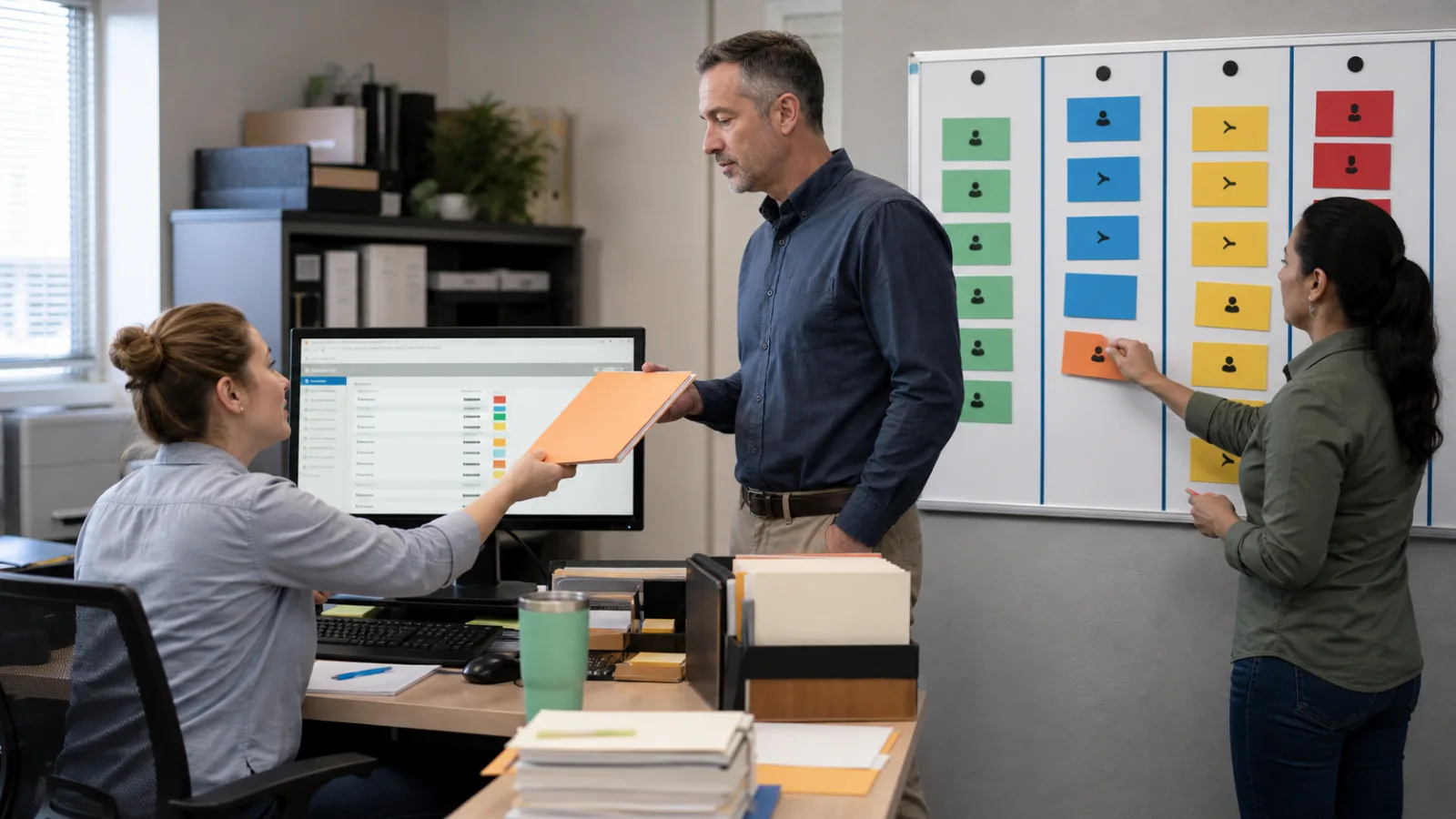 Small-business coordinator handing an orange escalation folder to a manager while a teammate updates the review queue
